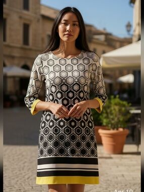Sandra Darren Black White Yellow Geometric Hexagon Print Shift Dress Size 8